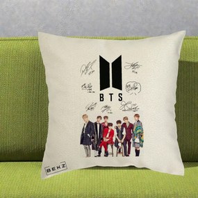 Perna Personalizata K-pop BTS Semnaturi Foto, 40x40 cm, Ecru, Husa Detasabila, Perna Inclusa, BEKZ®