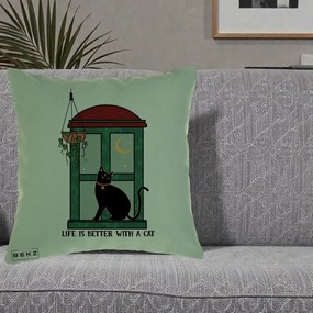 Perna Personalizata Life is Better with a Cat Geam, 40x40 cm, Verde, Husa Detasabila, Perna Inclusa, BEKZ®