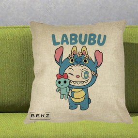 Perna Personalizata Labubu x Stitch cu Flori, 40x40 cm, Crem, Husa Detasabila, Perna Inclusa, BEKZ®