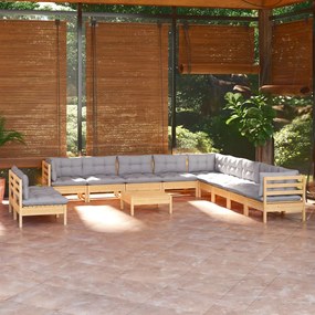 3096856 vidaXL Set mobilier de grădină cu perne, 12 piese, gri, lemn masiv pin