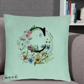 Cadou Personalizat - Perna Personalizata Monogram Litera C cu Flori Acuarela, 40x40 cm, Verde Menta, Husa Detasabila, Perna Inclusa, BEKZ®