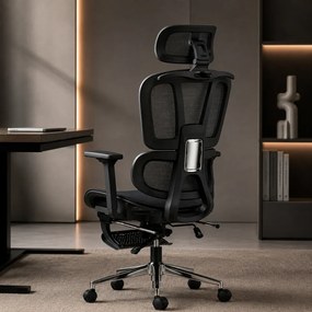 AERION – Scaun ergonomic, spătar ergonomic segmentat, suport lombar 3D, tetieră reglabilă, cotiere 3D, suport pentru picioare, înclinare până la 145°, bază metalică, Mesh, Negru