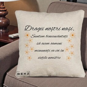Cadou pentru Nasi - Perna Personalizata Dragii Nostri Nasi Suntem Binecuvantati cu Floricele, 40x40 cm, Bej Canapea, Husa Detasabila, Perna Inclusa, BEKZ®