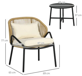 Outsunny Set pentru Bistro din 3 Piese pentru Terasa cu Scaun si Perna pentru Spatar, Set de Mobilier din Rachita, Alb Crem