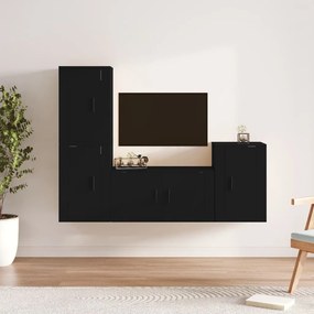 Set dulap TV, 4 piese, negru, lemn prelucrat