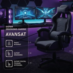 Scaun gaming, masaj în perna lombară, suport picioare, textil, Gri