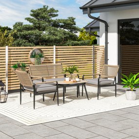 Outsunny Set de mobilier de grădină din rătan Set de lounge cu canapea dublă, fotoliu, masă cu geam, perne pentru 4 persoane, Gri închis+Galben | Aosom Romania