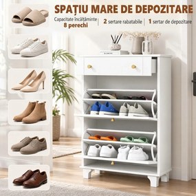 HOMCOM Dulap Pantofi Slim cu 2 Uși, Sertar, Rafturi Reglabile, 8 Perechi, MDF, PAL, 60 x 23,5 x 98,5 cm, Alb | Aosom Romania