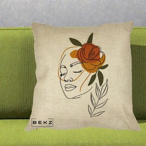 Perna Decorativa Portret Feminin Trandafir Ruginiu, 40x40 cm, Crem, Husa Detasabila, Perna Inclusa, BEKZ®