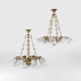 Candelabru 8 brate din alama cu abajur din sticla Putti