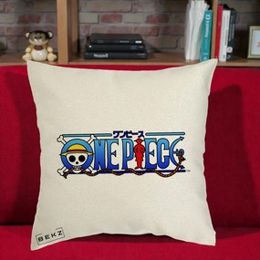 Perna Personalizata One Piece Clasic Albastru, 40x40 cm, Ecru, Husa Detasabila, Perna Inclusa, BEKZ®