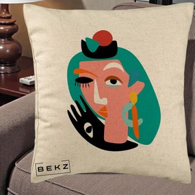Perna Decorativa Portret Abstract Matisse Turcoaz, 40x40 cm, Bej, Husa Detasabila, Perna Inclusa, BEKZ®