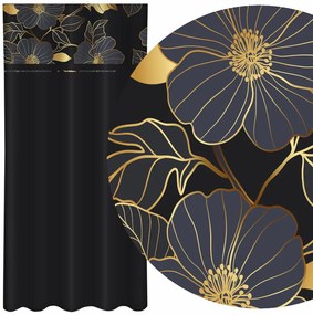Draperie neagră clasică cu imprimare de flori de aur Lățime: 160 cm | Lungime: 250 cm