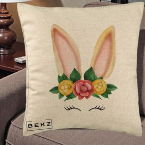 Perna Decorativa Iepuras Flori Urechi Pastelui, 40x40 cm, Bej, Husa Detasabila, Perna Inclusa, BEKZ®