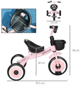 AIYAPLAY Tricicleta pentru Copii 2-5 Ani cu Scaun Reglabil, Bicicletă pentru Copii cu Coș, 70,5x53x58 cm, Roz | Aosom Romania