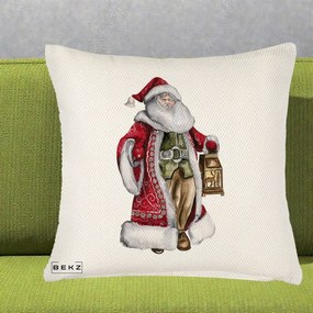 Perna Decorativa Mos Craciun Vintage cu Felinar, 40x40 cm, Crem Reliefat, Husa Detasabila, Perna Inclusa, BEKZ®
