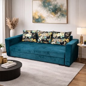 Canapea LILI extensibila, 3 locuri, cu lada de depozitare, catifea turcoaz , 220x95x80 Turcoaz, Catifea