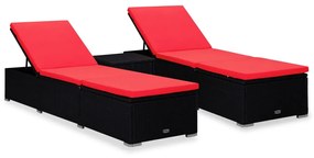 vidaXL Șezlonguri de grădină cu masă ceai, 3 piese, negru, poliratan