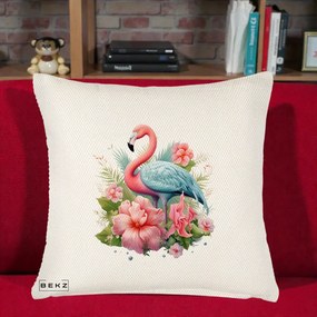 Perna Decorativa Flamingo cu Hibiscus Tropical, 40x40 cm, Crem Reliefat, Husa Detasabila, Perna Inclusa, BEKZ®