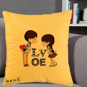 Cadou Romantic - Perna Personalizata Cuplu Kawaii LOVE, 40x40 cm, Galben, Husa Detasabila, Perna Inclusa, BEKZ®