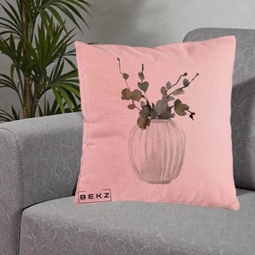 Perna Decorativa Vaza cu Eucalipt Watercolor, 40x40 cm, Roz, Husa Detasabila, Perna Inclusa, BEKZ®