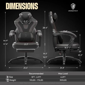 DOWINX Scaun gaming, ergonomic, suport lombar cu masaj, Șezut cu Arcuri Metalice și Spumă, Spătar înalt, rabatabil 90°-145°, Buzunar depozitare, Suport picioare, rezistent 150 kg, material PU respirabil, Negru