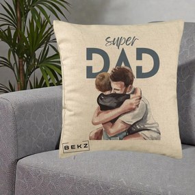 Cadou pentru Tata - Perna Personalizata Super Dad Tata si Fiu Imbratisare, 40x40 cm, Bej, Husa Detasabila, Perna Inclusa, BEKZ®