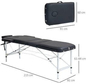 HOMCOM Pat de Masaj Pliabil cu Înălțime Reglabilă, Pat Profesional pentru Masaj din Aluminiu, 215x60x61-84 cm, Negru | Aosom Romania
