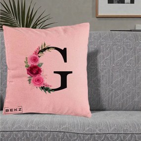 Cadou Personalizat - Perna Personalizata Monograma Florala Litera G, 40x40 cm, Roz, Husa Detasabila, Perna Inclusa, BEKZ®