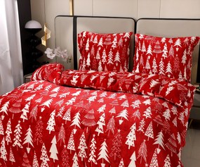 Set lenjerie cocolino CHRISTMAS TREES rosu + cearsaf Cocolino microplus cu elastic SOFT 180x200 cm alb, pat dublu