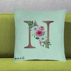 Cadou Personalizat - Perna Personalizata Monograma Rose Gold Litera N, 40x40 cm, Verde Menta, Husa Detasabila, Perna Inclusa, BEKZ®
