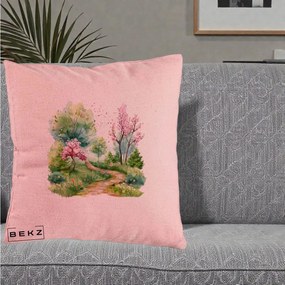 Perna Decorativa Gradina Primavara Acuarela, 40x40 cm, Roz, Husa Detasabila, Perna Inclusa, BEKZ®