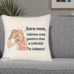 Cadou pentru Sora - Perna Personalizata Sora Mea Te Iubesc Imbratisare cu Sclipiri, 40x40 cm, Crem Reliefat, Husa Detasabila, Perna Inclusa, BEKZ®