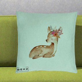 Perna Decorativa Caprioara cu Flori in Coama, 40x40 cm, Verde Menta, Husa Detasabila, Perna Inclusa, BEKZ®