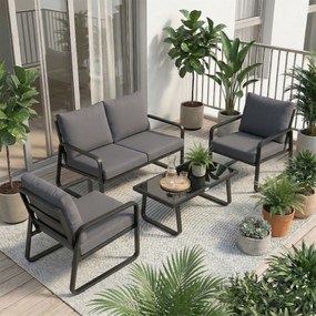 Outsunny Set mobilier de grădină 4 piese cu perne detașabile foarte groase 10 cm masă de cafea din sticlă securizată Negru | Aosom Romania