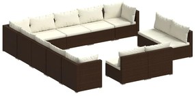 Set mobilier de gradina cu perne, 13 piese, negru, poliratan maro si alb, 3x colt + 10x mijloc, 1