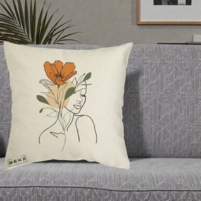 Perna Decorativa Portret Feminin Floare Portocalie, 40x40 cm, Ecru, Husa Detasabila, Perna Inclusa, BEKZ®