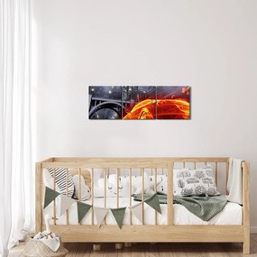 Tablou cu mașina în flăcărată (cu ceas) (90x30 cm)