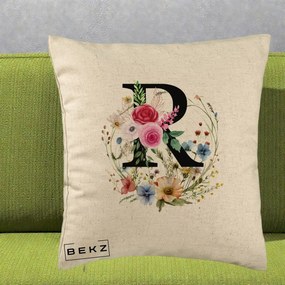 Cadou Personalizat - Perna Personalizata Monogram Litera R cu Flori Acuarela, 40x40 cm, Bej, Husa Detasabila, Perna Inclusa, BEKZ®