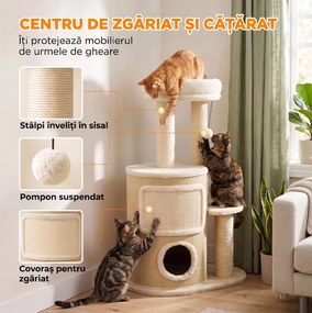 PawHut Ansamblu Joacă Pisici cu Sisal, Turn Multinivel 90 cm cu Culcuș și Platforme, 55x39x90 cm, Bej | Aosom Romania