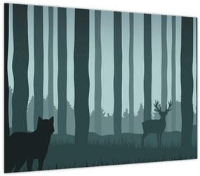 Tablou pe sticlă - Cerb cu lup pe stânci (70x50 cm)