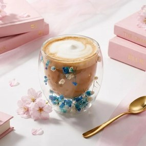 Pahar cu inserție de flori uscate, floarea miresei alb și albastru, pereți dubli, sticlă borosilicată, 250 ml, Aurora Bloom