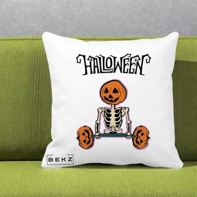 Perna Decorativa Halloween Schelet cu Cap de Dovleac Powerlifting, 40x40 cm, Alba Mata, Husa Detasabila, Perna Inclusa, BEKZ®