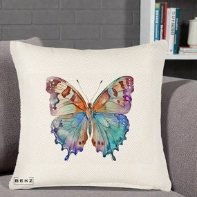 Perna Decorativa Fluture Acuarela Multicolor Portocaliu-Bleu-Mov, 40x40 cm, Crem Reliefat, Husa Detasabila, Perna Inclusa, BEKZ®
