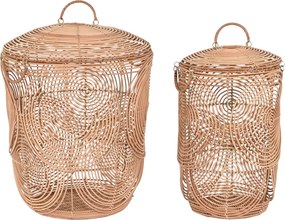 Set 2 coșuri depozitare din ratan împletit, maro deschis, cu capac, finisaj natural, 57 x 45 x 45 cm, „Launois”