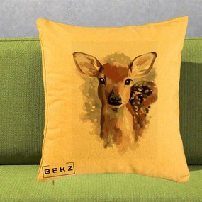 Perna Decorativa Caprioara Pui Acuarela, 40x40 cm, Galben, Husa Detasabila, Perna Inclusa, BEKZ®