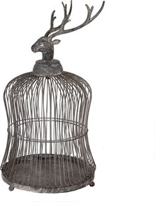 Colivie decorativă din metal cu motiv cerb, finisaj gri antichizat, Ø26x50 cm