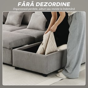 HOMCOM Canapea Extensibilă Modernă în Formă de U și Spații de Depozitare, Catifea Reiată, 282x140x86 cm, Gri | Aosom Romania