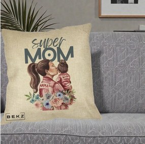 Cadou pentru Mama - Perna Personalizata Super Mom Mama cu Bebelusul, 40x40 cm, Crem, Husa Detasabila, Perna Inclusa, BEKZ®