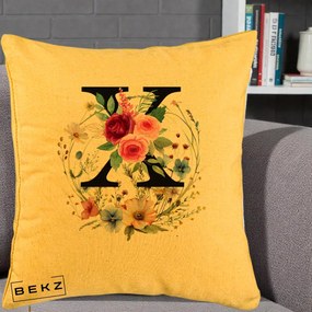 Cadou Personalizat - Perna Personalizata Monograma Florala Litera X cu Coroana, 40x40 cm, Galben, Husa Detasabila, Perna Inclusa, BEKZ®